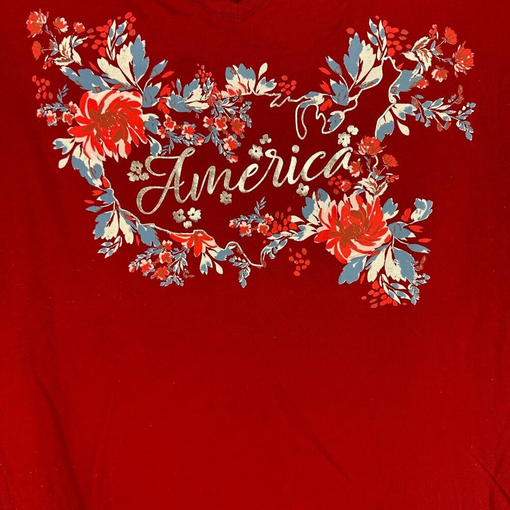 St Johns Bay Womens Red American-Themed Floral T-Shirt Size 0X Cotton Blend